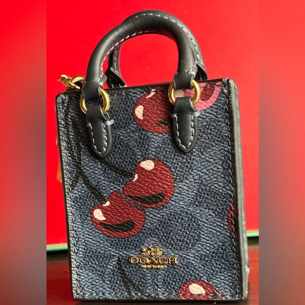 Coach Navy and Burgundy Cherry Print Key Holder